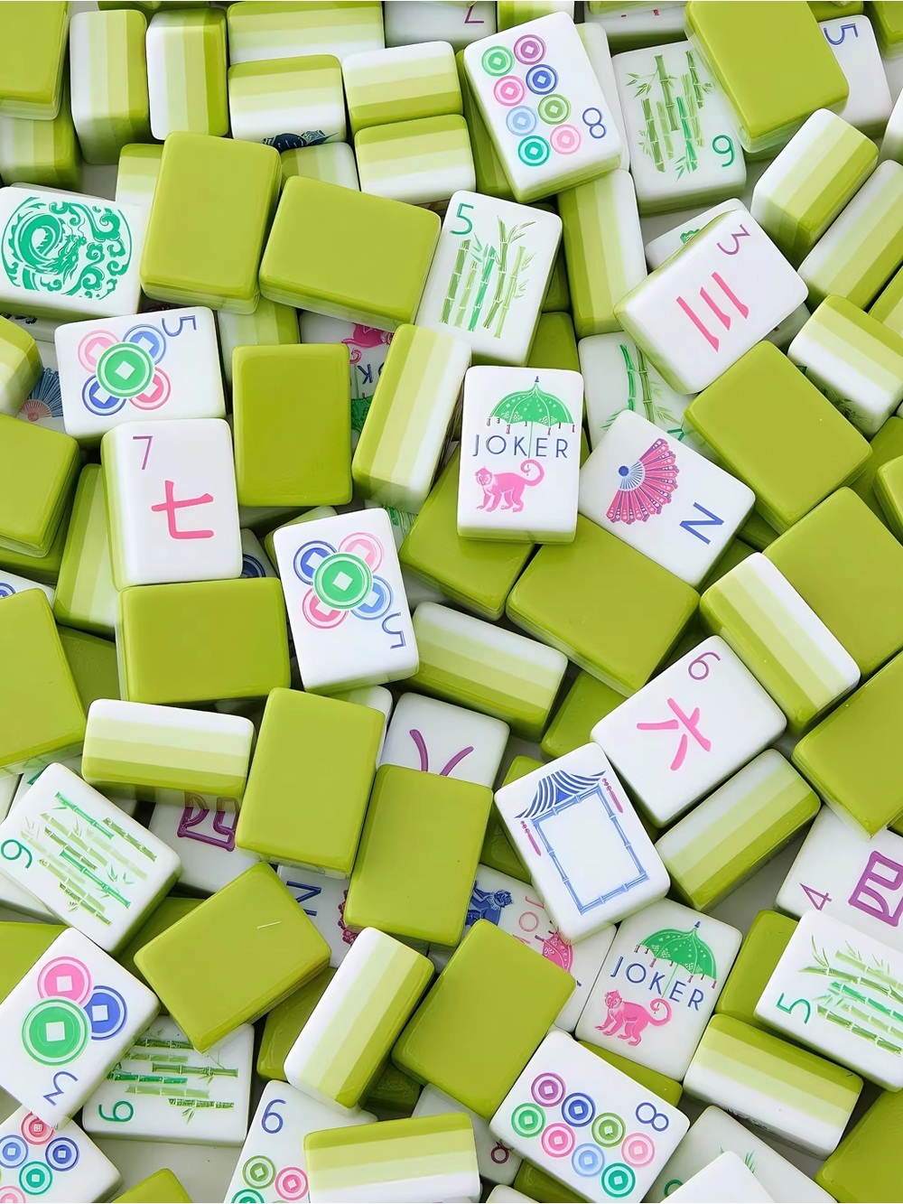 Green Mahjong Tiles Set - Pink & Blue Accents